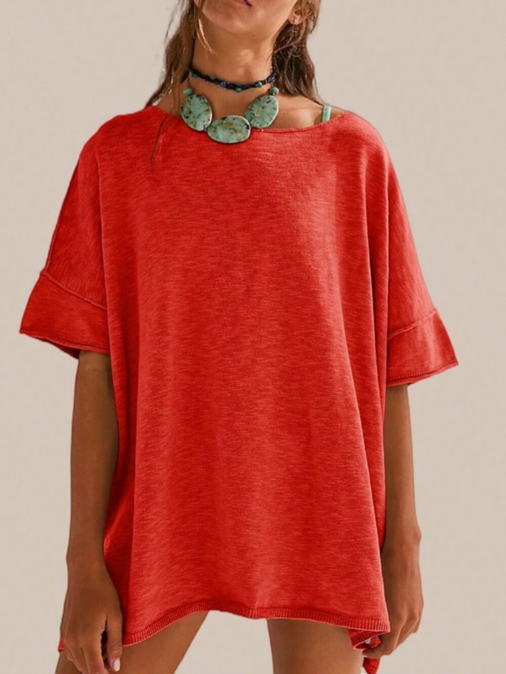 Red Casual Women's Oversized T-Shirt Loose Crew Neck Short Sleeve Blouse Top